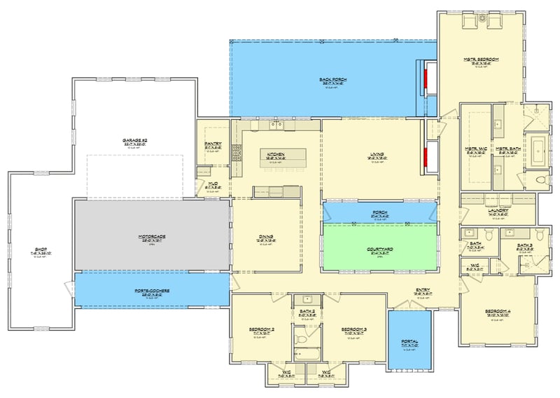 Plan 150015HRP: Mediterranean Spanish House Plan with 4 Beds and Large Workshop - Floor Plan - Main Level - Mediterranean, Spanish