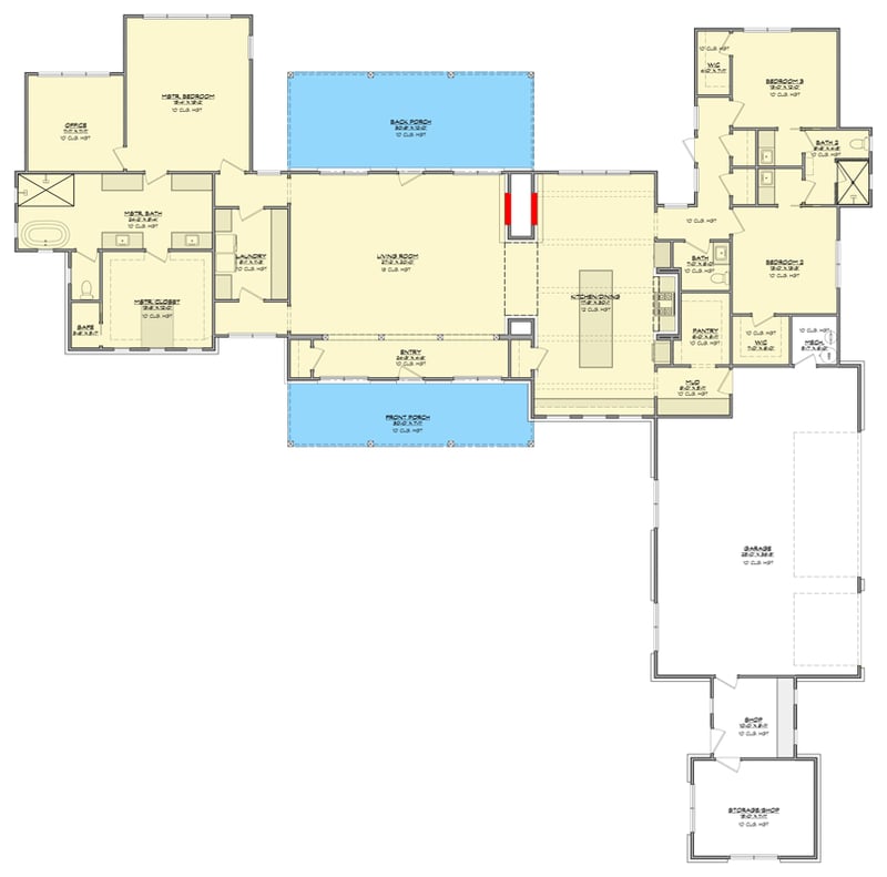 Plan 150017HRP: Expansive Hill Country Farmhouse Plan with 3 Beds and Workshop - Floor Plan - Main Level - Country, Farmhouse, Hill Country, Modern Farmhouse, Rustic