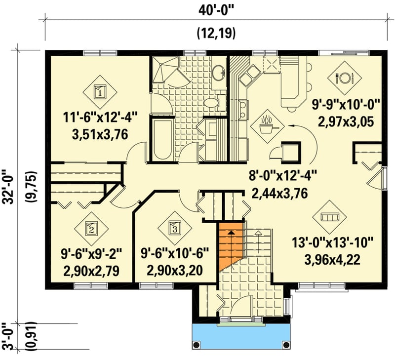 Plan 801173PM: 3-Bedroom Split-Level House Plan - 1166 Square Feet - Floor Plan - Main Level - Traditional