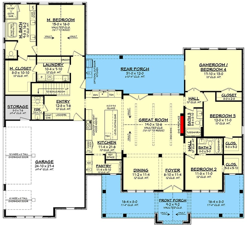 Plan 52032HZ: Modern Farmhouse House Plan with 3 to 4 Bedrooms and 2600 Sq Ft - Floor Plan - Main Level - Country, Hill Country, Modern Farmhouse, New American, Traditional, Transitional
