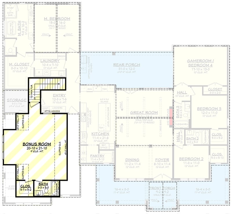 Plan 52032HZ: Modern Farmhouse House Plan with 3 to 4 Bedrooms and 2600 Sq Ft - Floor Plan - Bonus Level - Country, Hill Country, Modern Farmhouse, New American, Traditional, Transitional