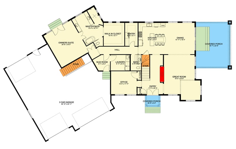 Plan 61735UT: 3 Bedroom Modern Transitional House Plan with Four Car Garage - Floor Plan - Main Level - European, Transitional