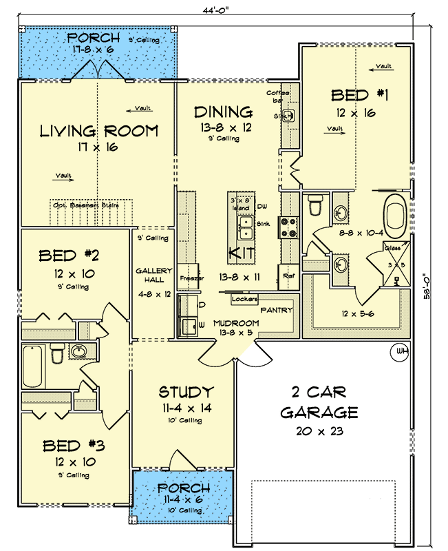 Plan 52527WM: Country Ranch House Plan with Split Bedrooms and Rear Porch - Floor Plan - Main Level - Country, Ranch, Traditional
