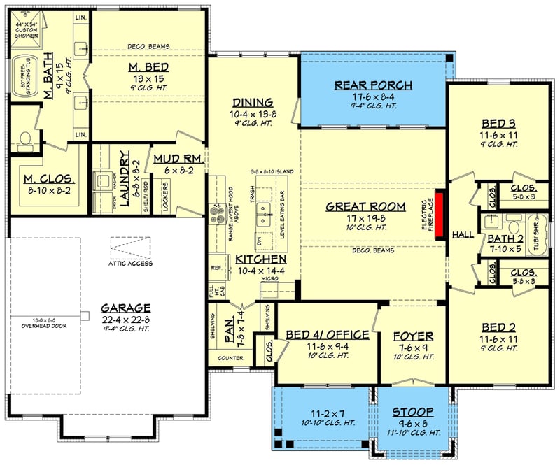 Plan 52033HZ: New American Ranch House Plan with Flex Room and Three Bedrooms - Floor Plan - Main Level - Farmhouse, New American, Ranch