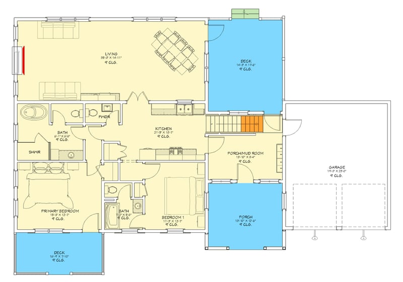 Plan 744521ABR: Craftsman Farmhouse House Plan with First-Floor Primary Suite" - Floor Plan - Main Level - Craftsman, Farmhouse, Traditional