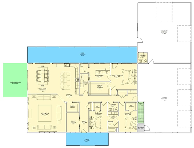 Plan 744522ABR: Modern Farmhouse Barndominium House Plan with Large Workshop and 3-Car Garage - Floor Plan - Main Level - Barndominium, Farmhouse, Modern Farmhouse
