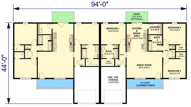 Plan 25077DH: Ranch Style Duplex House Plan with Six Bedrooms and Twin Garages - Floor Plan - Main Level - Country, Ranch, Southern, Traditional