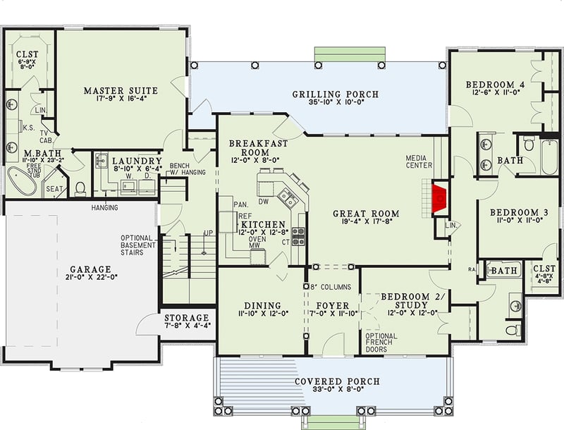 Plan 60725ND: Charming Country Farmhouse Plan with 4 Bedrooms and Optional Bonus Room - Floor Plan - Main Level - Country, Farmhouse, Low Country, Southern, Traditional
