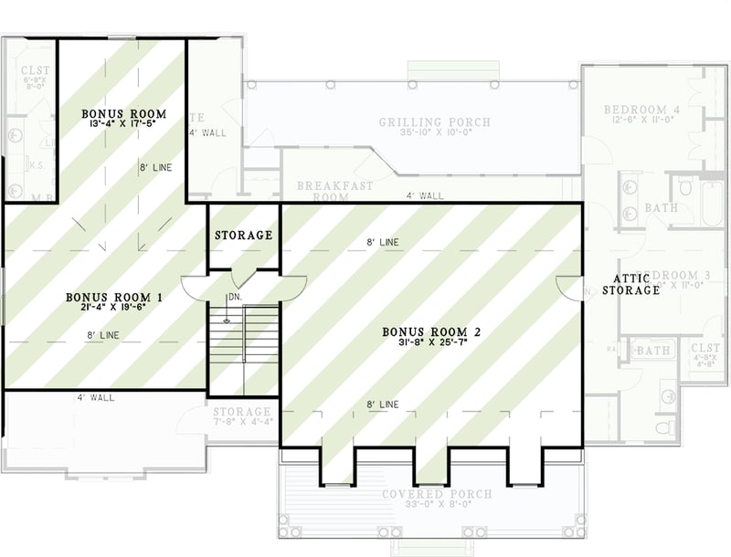 Plan 60725ND: Charming Country Farmhouse Plan with 4 Bedrooms and Optional Bonus Room - Floor Plan - 2nd Floor - Country, Farmhouse, Low Country, Southern, Traditional