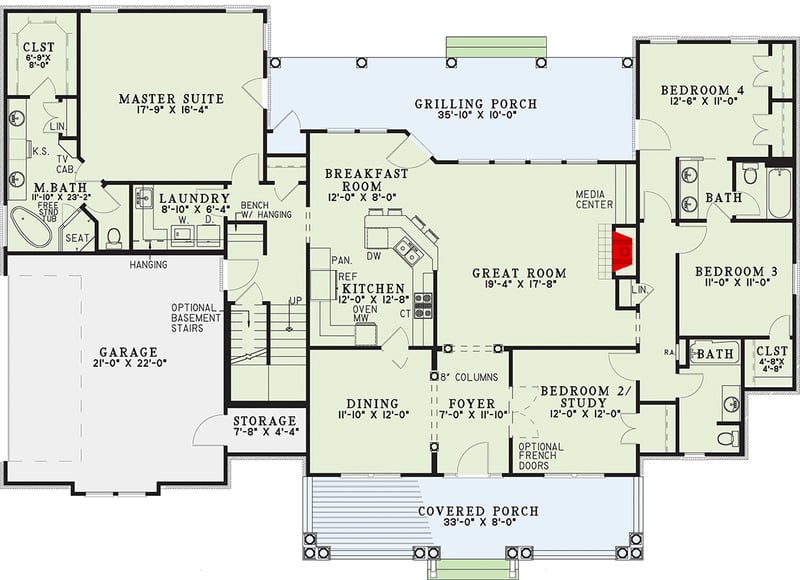 Plan 60726ND: Modern Farmhouse House Plan with 4 Bedrooms and Main Level Master Suite - Floor Plan - Main Level - Country, Farmhouse, Low Country, Modern Farmhouse, Southern, Traditional