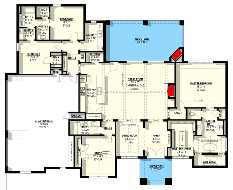 Plan 405117FDC: Hill Country Plan with 4 Bedrooms and 3-Car Garage - Floor Plan - Main Level - Hill Country, Traditional
