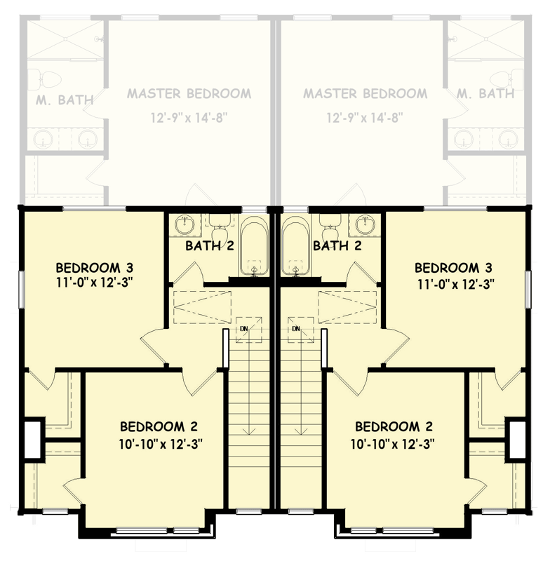 Plan 100369GHR: Symmetrical Contemporary Modern Duplex House Plan with Three Bedrooms Per Unit - Floor Plan - 2nd Floor - Contemporary, Modern