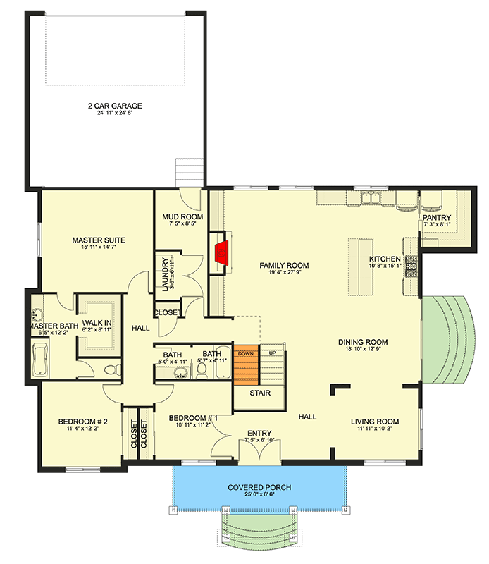Plan 61737UT: Craftsman Farmhouse House Plan with Vaulted Living and Rear Garage - Floor Plan - Main Level - Craftsman, Farmhouse, Traditional