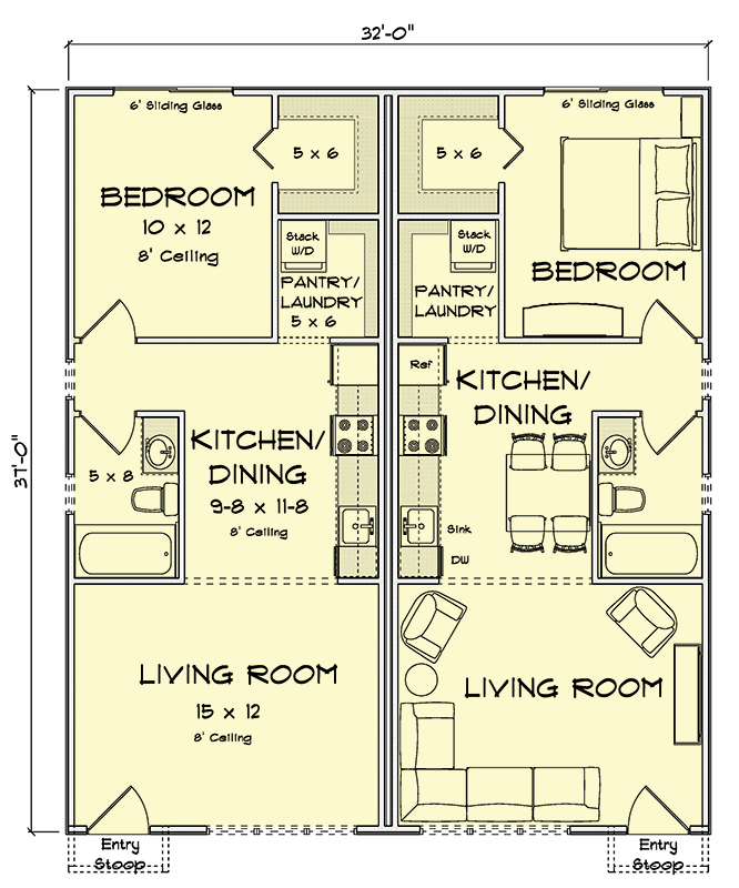 Plan 52538WM: Traditional Duplex House Plan with Symmetrical Layout and Walk-In Pantry - Floor Plan - Main Level - Traditional