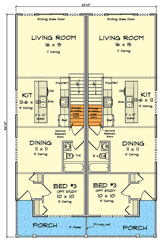 Plan 52544WM: Country Duplex House Plan with Upstairs Master Suite and Front Porch - Floor Plan - Main Level - Country, Traditional