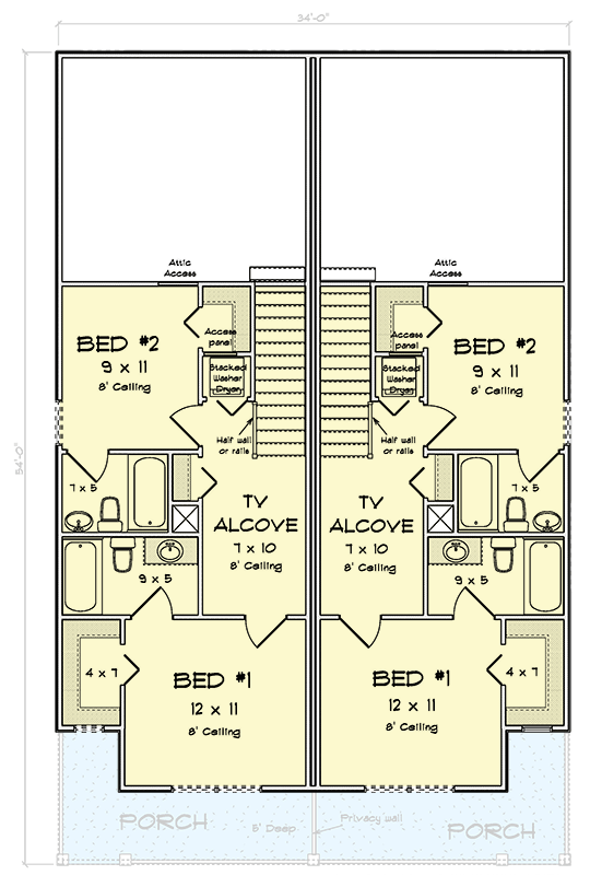 Plan 52544WM: Country Duplex House Plan with Upstairs Master Suite and Front Porch - Floor Plan - 2nd Floor - Country, Traditional