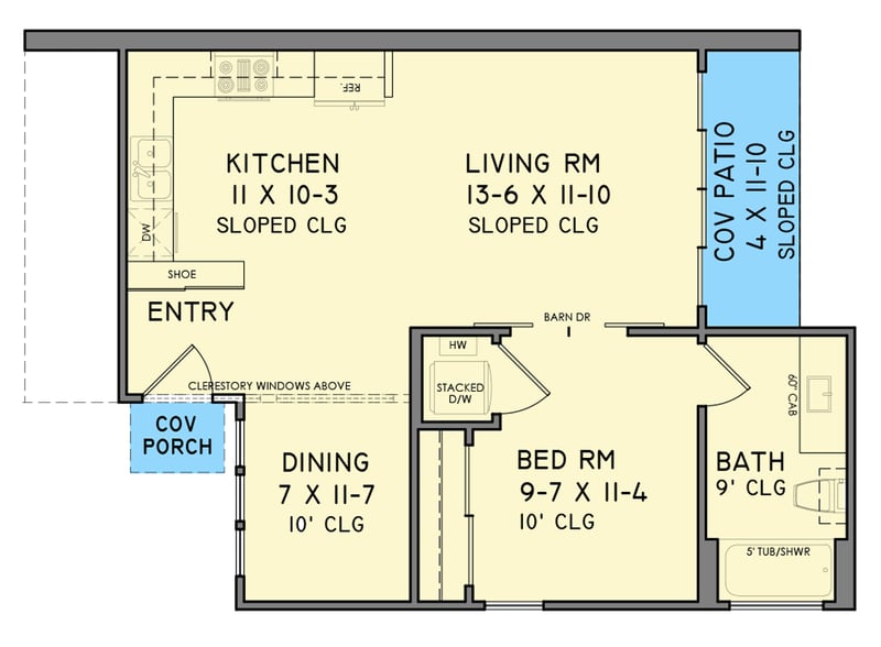 Plan 302016PSK: Modern House Plan with One Bedroom and Shed Roof - Floor Plan - Main Level - Contemporary, Modern