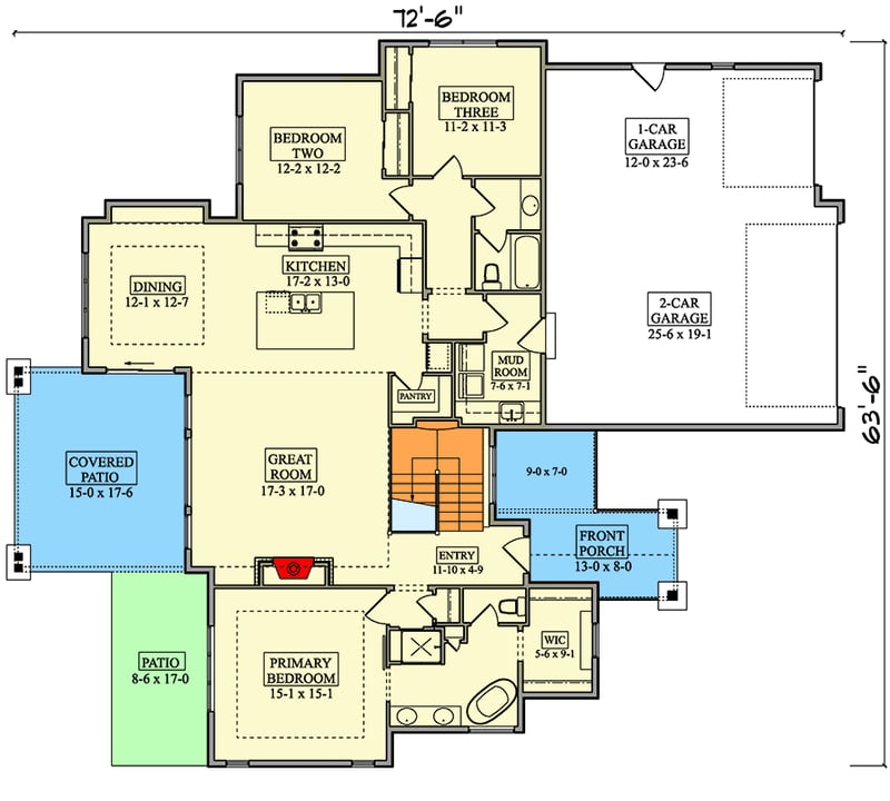 Plan 95361RW: Craftsman Style 3 Bed 2 Bath Home Plan with 1948 Sq Ft and 3-Car Garage - Floor Plan - Main Level - Craftsman, Mountain, New American, Ranch