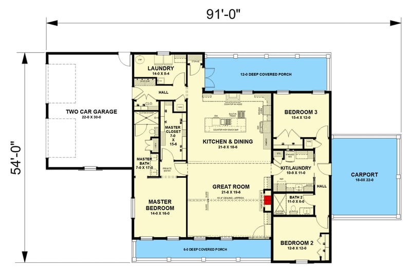 Plan 25079DH: 3-Bed Modern Farmhouse Plan with Carport and Multi-Generational Flexibility - Floor Plan - Main Level - Country, Modern Farmhouse, Ranch