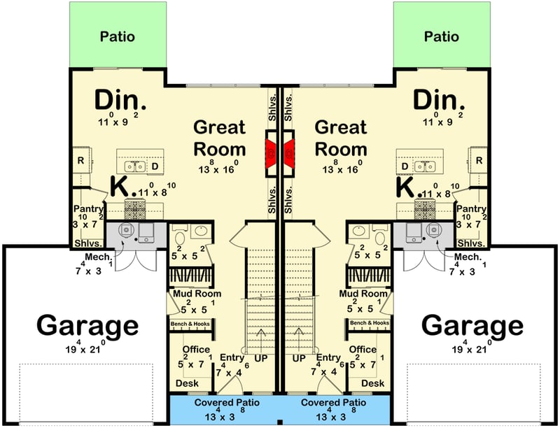 Plan 623617DJ: Modern Farmhouse Duplex Plan with 3 Beds 2 Baths and 1707 Sq Ft - Floor Plan - Main Level - Modern Farmhouse