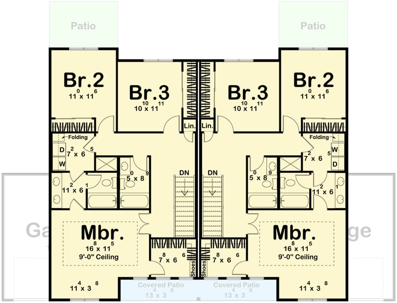 Plan 623617DJ: Modern Farmhouse Duplex Plan with 3 Beds 2 Baths and 1707 Sq Ft - Floor Plan - 2nd Floor - Modern Farmhouse