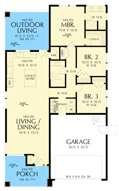 Plan 69914AM: Sleek 3-Bed Modern Ranch House Plan with Front Entry 2-Car Garage - Floor Plan - Main Level - Contemporary, Modern, Northwest, Ranch