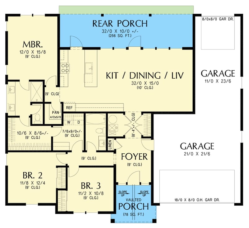 Plan 69915AM: Modern Farmhouse House Plan with 3 Beds, Open Living, and Rear Porch - Floor Plan - Main Level - Country, Craftsman, Modern Farmhouse, New American, Ranch, Traditional