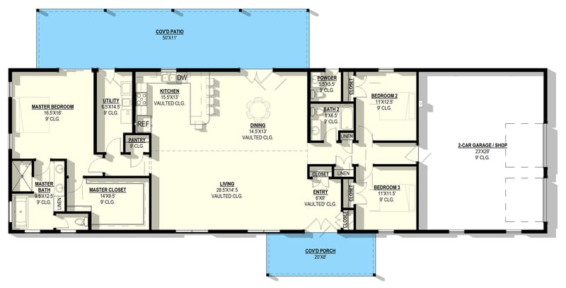 Plan 405125FDC: Barndominium House Plan with 3 Bedrooms and 2-Car Garage - Floor Plan - Main Level - Barndominium