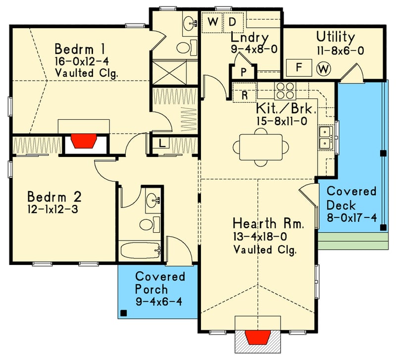 Plan 22034SL: Cottage House Plan with 2 Bedrooms and Two-Story Great Room - Floor Plan - Main Level - Cabin, Cottage, Mountain, Northwest