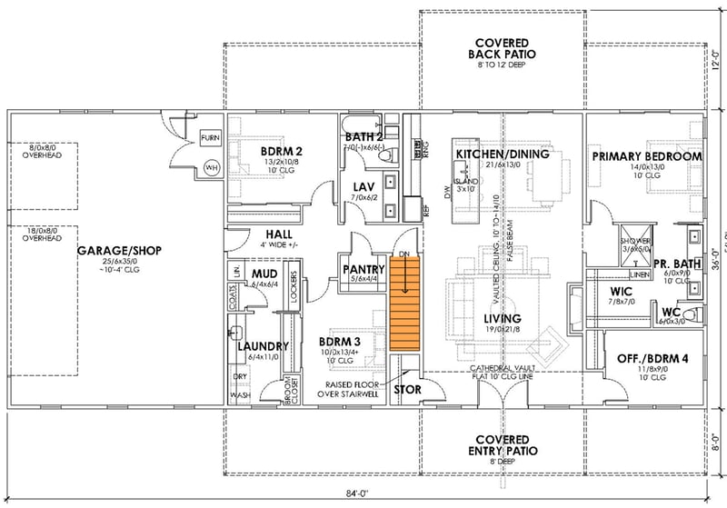 Plan 470318REY: Modern Farmhouse Barndo Plan with Home Office and 3-Car Garage - Floor Plan - Basement Stairs Location - Barndominium, Country, Farmhouse, Modern Farmhouse, Ranch