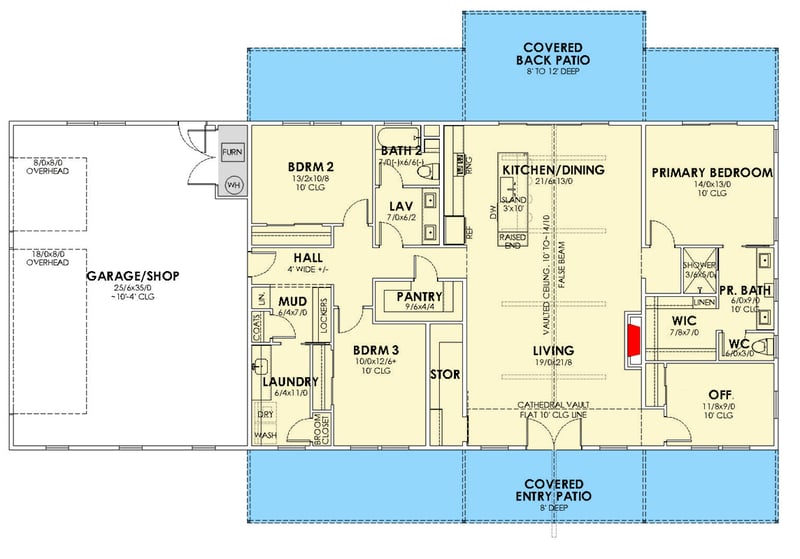 Plan 470318REY: Country House Plan with 3 Beds, Office, and 3-Car Garage - Floor Plan - Main Level - Barndominium, Country, Ranch