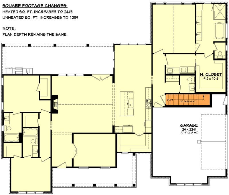 Plan 52036HZ: 3-Bed Modern Farmhouse Plan with Vaulted Master Bedroom and Great Room - Floor Plan - Main Level - Basement Stair Location - Country, Modern Farmhouse, New American, Ranch