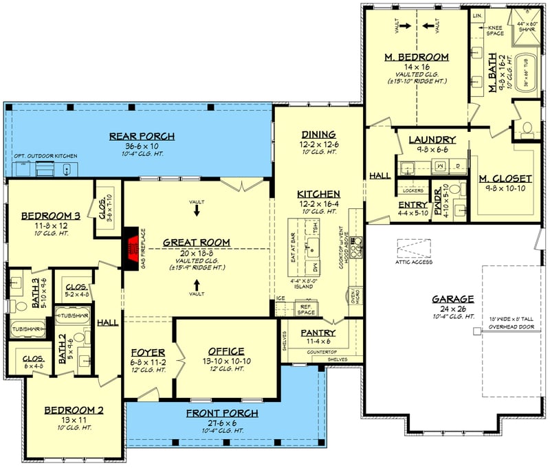 Plan 52036HZ: 3-Bed Modern Farmhouse Plan with Vaulted Master Bedroom and Great Room - Floor Plan - Main Level - Country, Modern Farmhouse, New American, Ranch