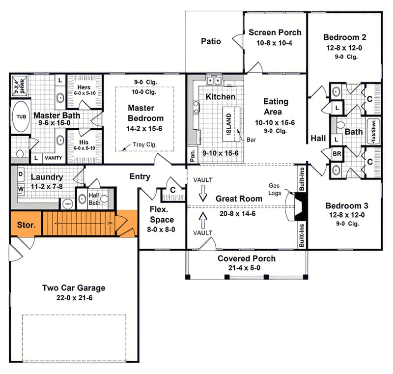 Plan 51376MM: Charming Modern Farmhouse House Plan with 3 Bedrooms and Two-Story Great Room - Floor Plan - Optional Basement Stairs - Country, Modern Farmhouse, New American