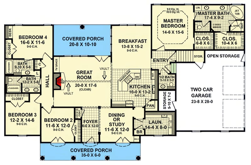 Plan 51379MM: French Country House Plan with 4 Bedrooms and Bonus Room - Floor Plan - Main Level - French Country, Modern Farmhouse, Ranch