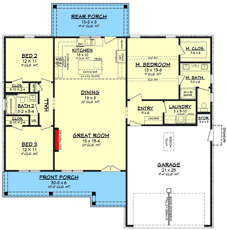 Plan 52037HZ: Farmhouse House Plan with 3 Beds, 2 Baths, and Inviting Porches - Floor Plan - Main Level - Country, Farmhouse, Southern, Traditional