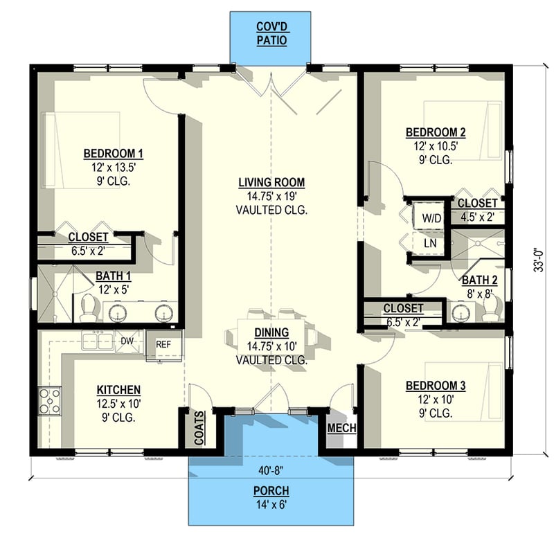 Plan 405129FDC: Barndominium House Plan with 3 Beds and Vaulted Great Room - Floor Plan - Main Level - Barndominium
