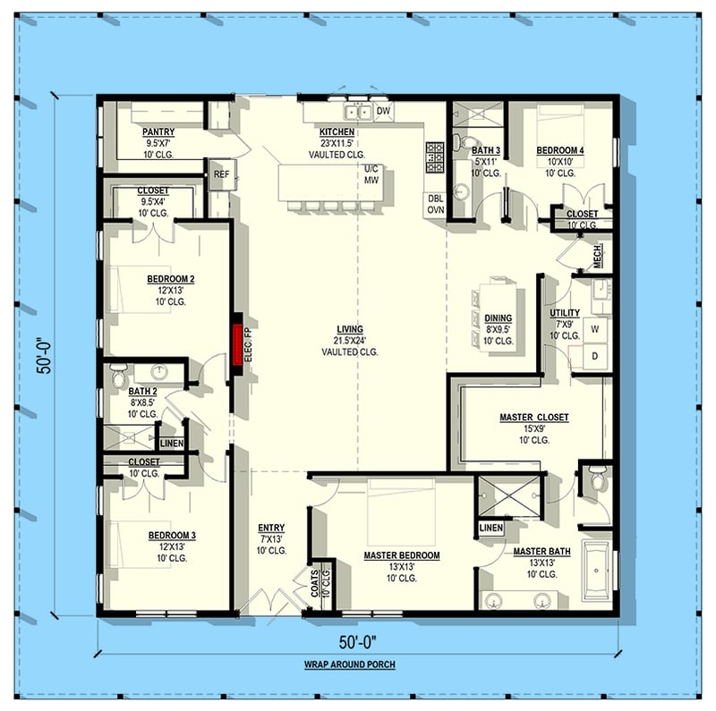 Plan 405135FDC: Modern Barndominium House Plan with 4 Bedrooms and Wrap-Around Porch - Floor Plan - Main Level - Barndominium, Modern Farmhouse