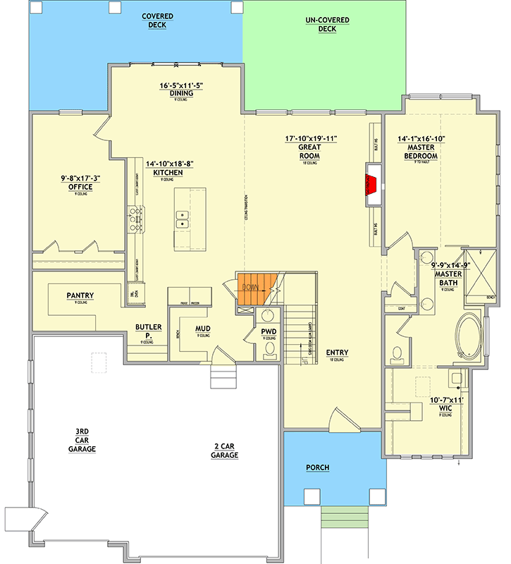 Plan 849066PGE: Contemporary 5-Bedroom House Plan with Main-Level Master and 3-Car Garage - Floor Plan - Main Level - Contemporary, Modern, Northwest