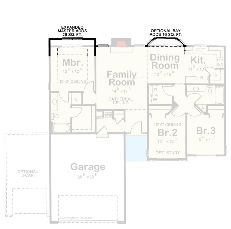 Plan 42746DB: Traditional Ranch House Plan with Split 3 Bedrooms and 2-Car Garage - Floor Plan - Optional Expanded Master and Dining Bay Window (included) - Ranch, Traditional