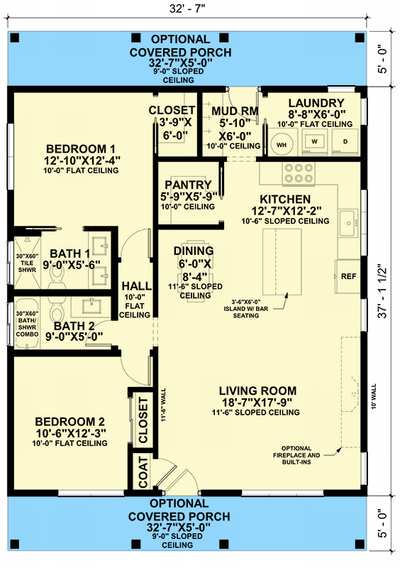 Plan 420188WNT: Modern Contemporary House Plan with 2 Beds and Front and Rear Covered Porch - Floor Plan - Main Level - Barndominium, Contemporary, Modern, Mountain