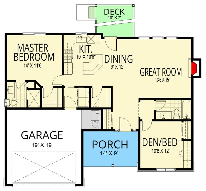 Plan 267113SPK: Traditional House Plan: 1 Bedroom, Den, 2-Car Garage - Floor Plan - Main Level - Craftsman, Ranch, Traditional
