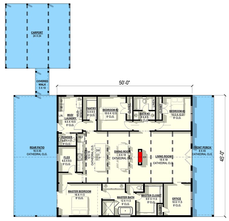 Plan 405137FDC: Modern Barndominium House Plan with 3 Beds and 2-Car Carport - Floor Plan -  - Barndominium, Modern Farmhouse