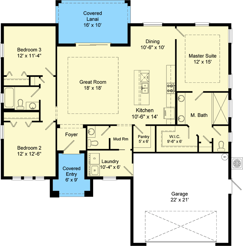 Plan 64342BT: Contemporary Coastal House Plan with 3 Beds, Open Living, and Lanai - Floor Plan - Main Level - Coastal, Contemporary, Transitional