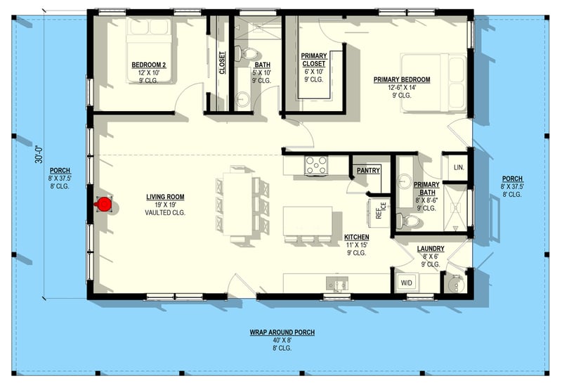 Plan 405138FDC: Barndominium House Plan with Wrap Around Porch and Vaulted Living - Floor Plan - Main Level - Barndominium, Farmhouse
