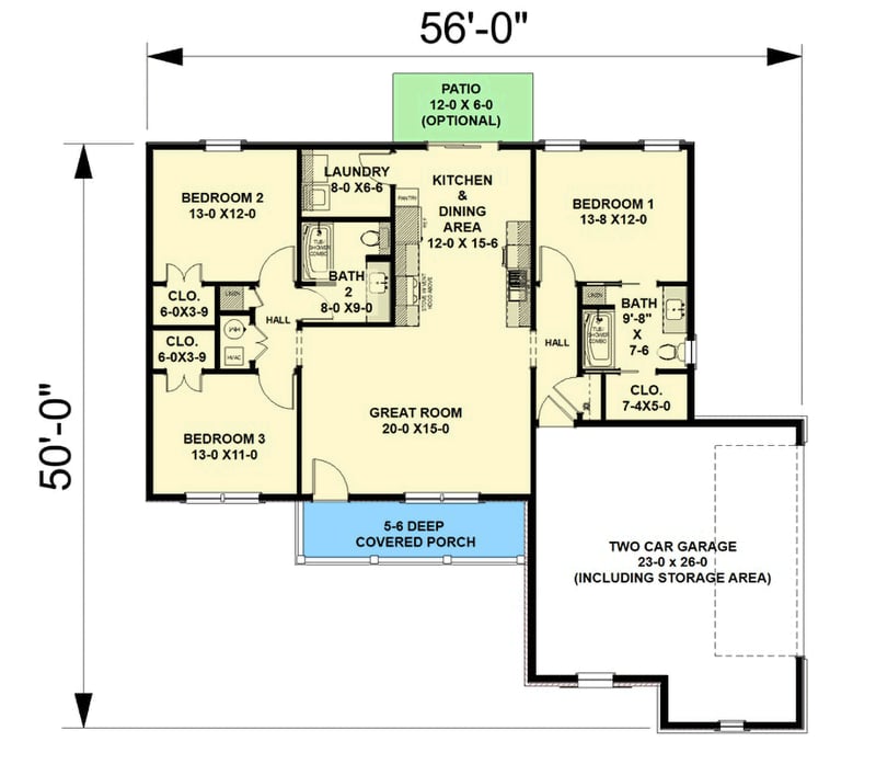 Plan 25081DH: Modern Farmhouse House Plan with 3 Beds and 2-Car Garage - Floor Plan - Main Level - Farmhouse, Modern Farmhouse, New American