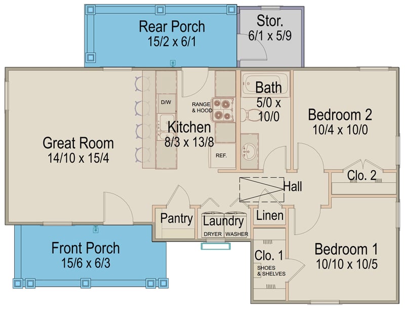 Plan 54050LK: Charming 2-Bedroom Farmhouse Plan with 779 Sq. Ft. and Welcoming Front Porch - Floor Plan - Main Level - Cabin, Cottage, Country, Ranch, Traditional