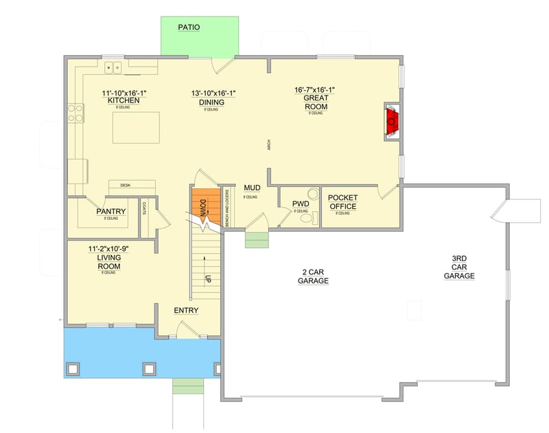 Plan 849072PGE: Traditional House Plan with 4 Bedrooms and Home Office - Floor Plan - Main Floor - Coastal, Country, Craftsman, Farmhouse, Traditional