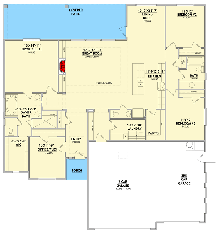 Plan 849073PGE: New American House Plan with 3 Bedrooms and 3-Car Garage - Floor Plan - Main Level - New American, Ranch, Traditional