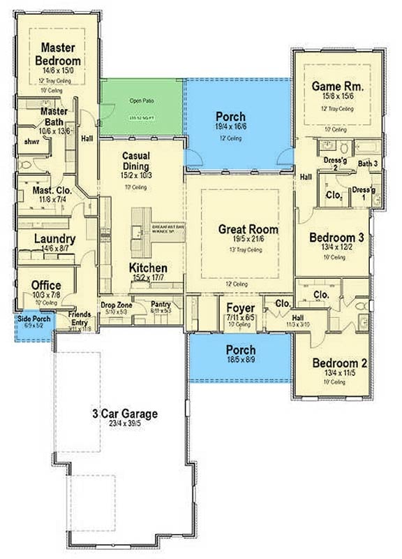 Plan 54058LK: Rustic Ranch House Plan with 3 Bedrooms and 3-Car Garage - Floor Plan -  - Ranch, Traditional
